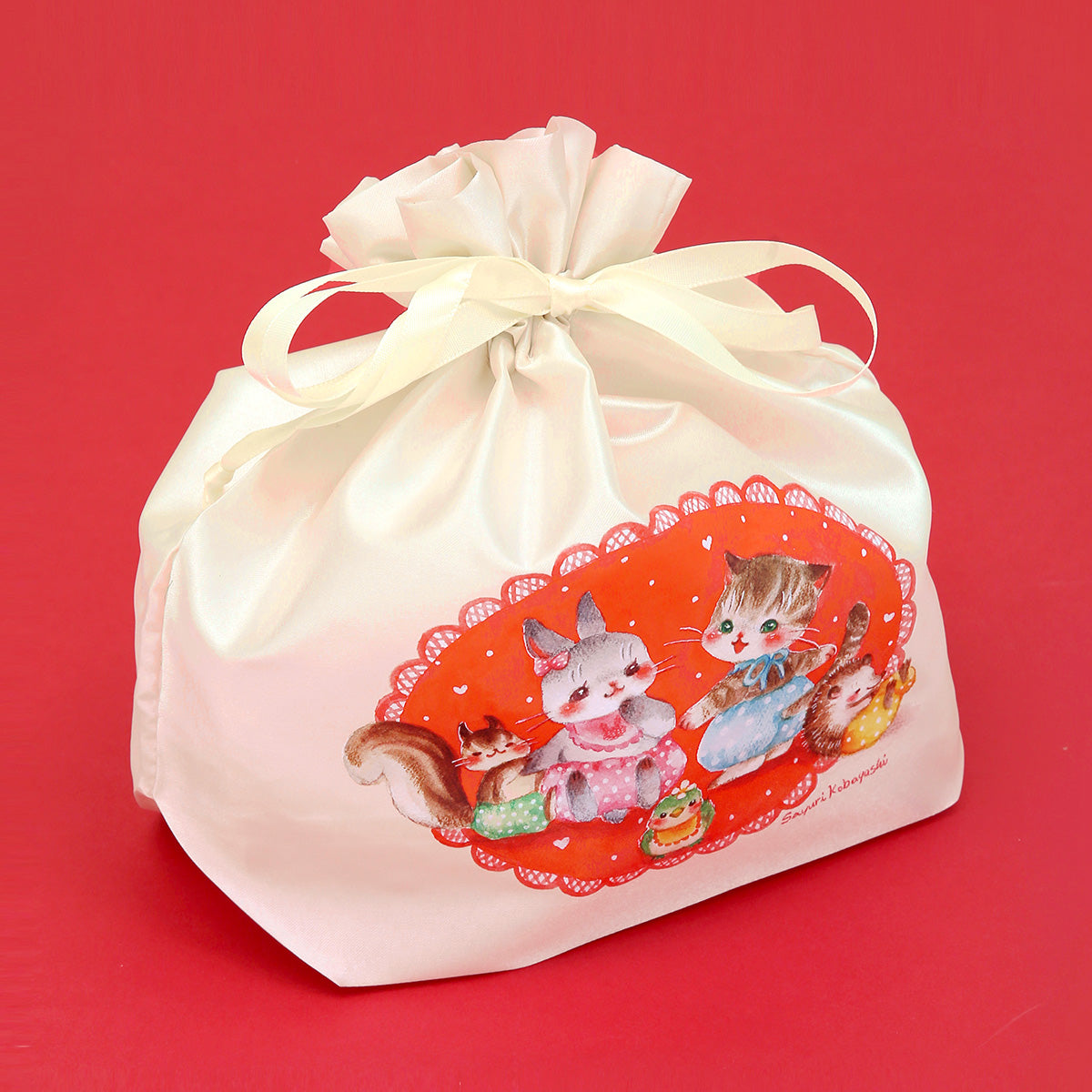 ハンドメイド　ポーチ　巾着袋　No.32 猫パネル　いちご　リボン　チューリップ kobayashisayuri-pouchkinchaku-